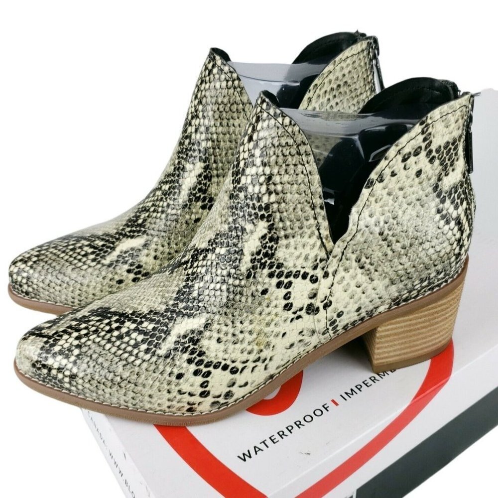 NEW BLONDO Esmee Waterproof Snakeskin Print Ankle Booties Cut Out Zipper Back